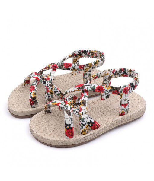 Bohemian style children's summer flat shoes girls kids sweet floral sandals