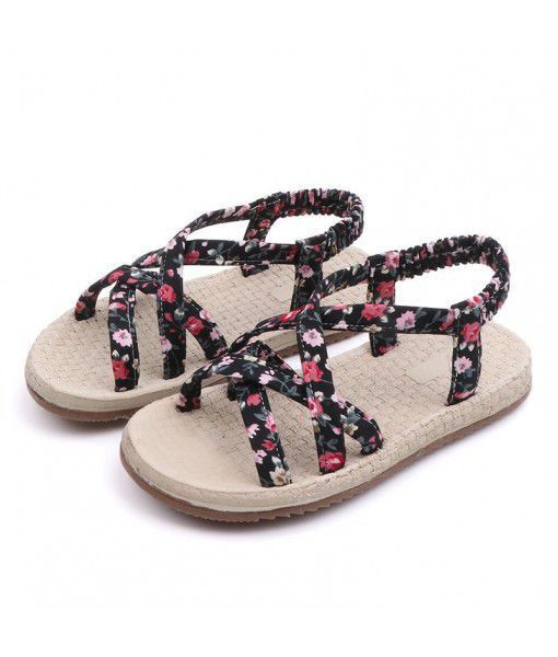 Bohemian style children's summer flat shoes girls kids sweet floral black sandals