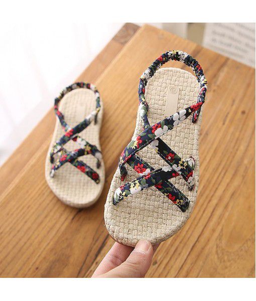 Bohemian style  summer flat shoes girls kids sweet floral sandals