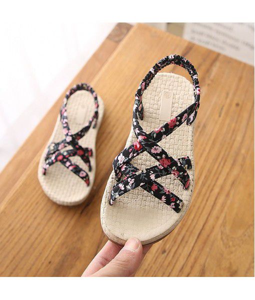 Bohemian style children's summer flat shoes girls kids sweet floral black sandals