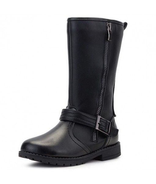 Women fashion durable shoes kids bright black PU with zipper long flat martin boots for girls 