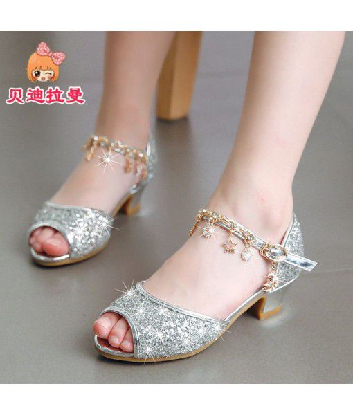 Wholesale 2019 new girls' leather shoes, students' Baotou crystal sandals, Korean version, high-heeled children's princess shoes