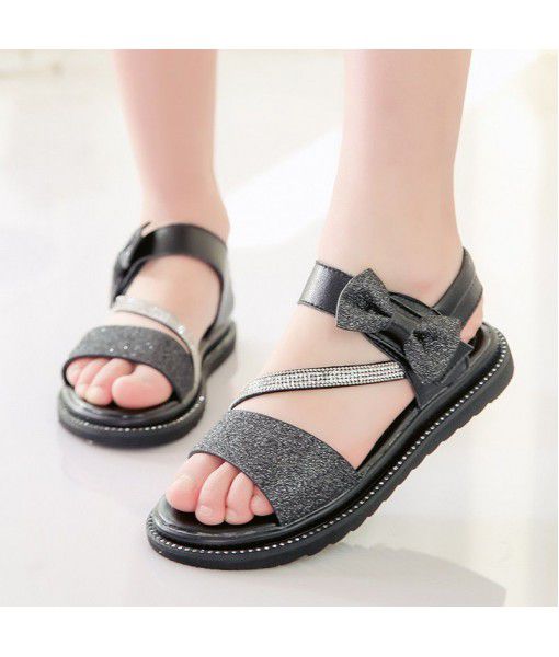 Children's leather sandals 2020 summer new Sequin flat bottom princess shoes bow Korean version versatile student shoes
