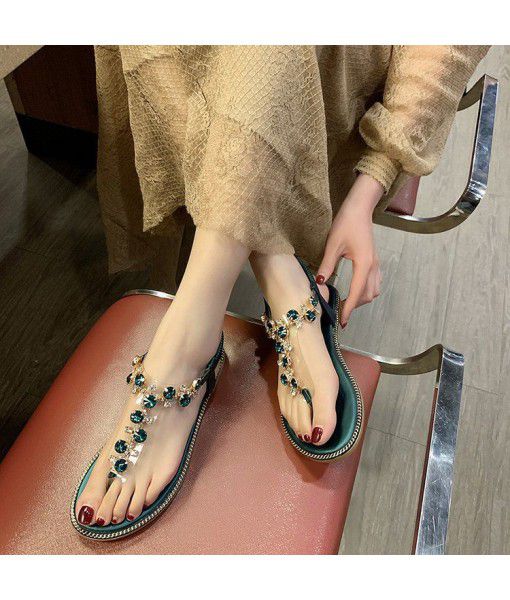 Women's foreign trade sandals, flat heel, toe clip, water drill, ankle mix with women's sandals, all kinds of comfortable herringbone beach shoes, women