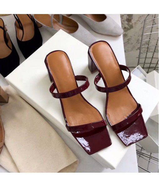 Summer European and American one word net red same thick heel simple high-heeled shoes ins retro versatile leather women's sandals