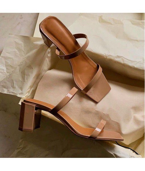 Summer European and American one word net red same thick heel simple high-heeled shoes ins retro versatile leather women's sandals