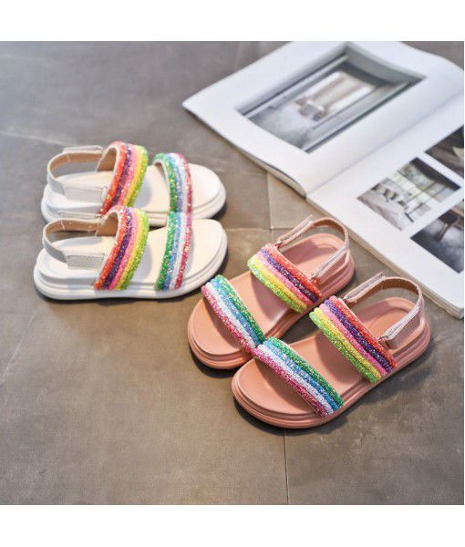 Girls' sandals 2020 new summer children's little girls' fashion rainbow shoes primary school students' soft bottom non slip beach shoes