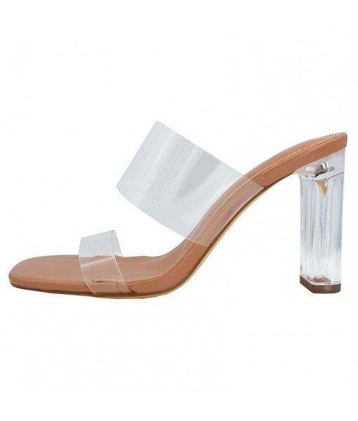 2020 summer net red one word with transparent belt super high heel sandals women's thick heel crystal heel sexy sandals