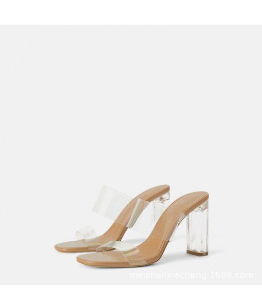 2020 summer net red one word with transparent belt super high heel sandals women's thick heel crystal heel sexy sandals