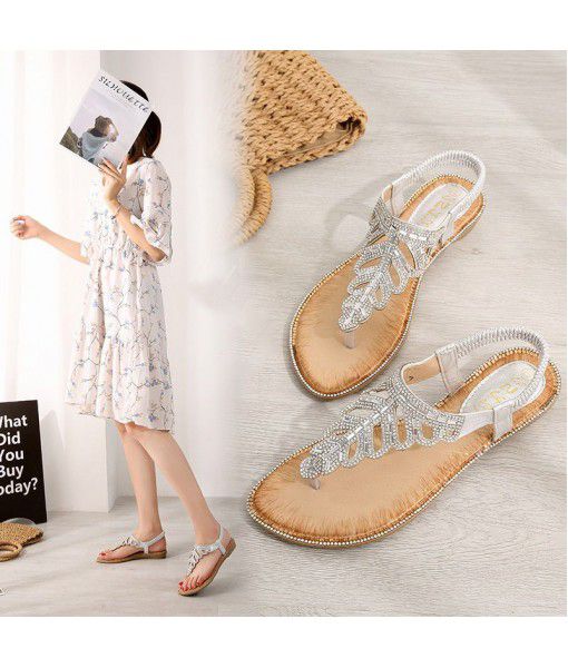 Bohemian cross border sandals exquisite leaves Rhinestone Beaded SANDALS BEACH toe slope heel shoes factory direct sales