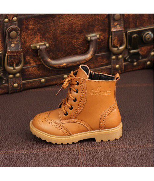 Autumn and winter children's leather Martin boots boys' and girls' boots cotton shoes middle and large children's England baby soft sole leather boots