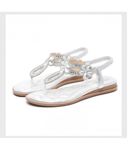 Cross border Rhinestone flat bottom sandals elegant Runda Han version flat heel hollow Bohemian comfortable women's shoes summer