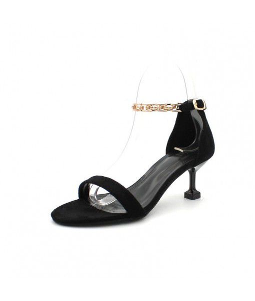 55-b2020 European and American round toe chain high-heeled shoes women's thin heel one word buckle sandals women's summer middle single shoes