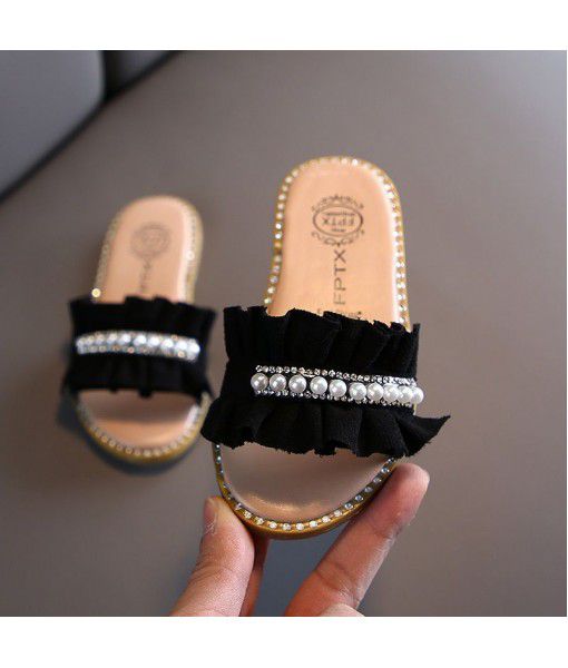 2020 summer new children's slippers Korean pearl girl cool drag soft bottom lace women's shoes antiskid wholesale
