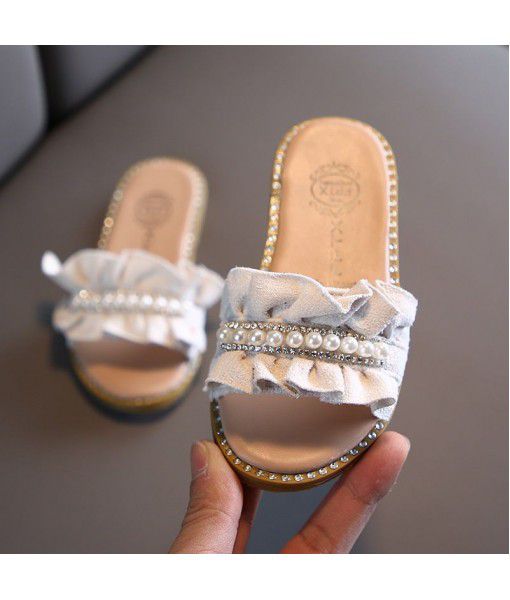 2020 summer new children's slippers Korean pearl girl cool drag soft bottom lace women's shoes antiskid wholesale
