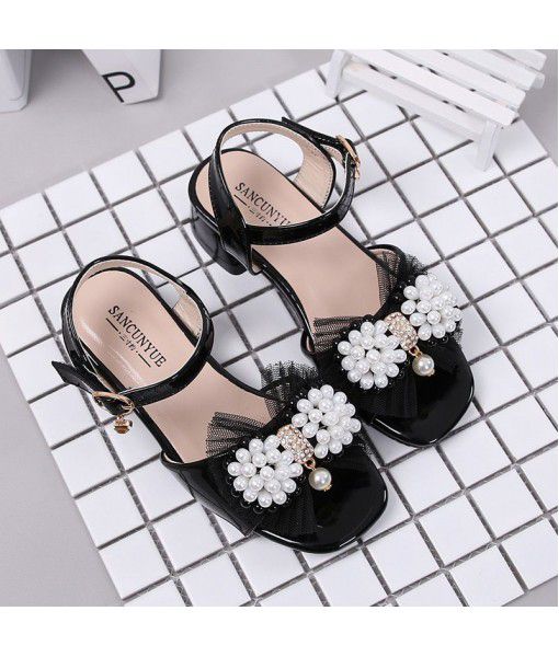 203 children's shoes girl's sandals 2020 summer new bright leather pearl bow thick heel princess shoes manufacturer wholesale