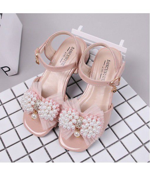 203 children's shoes girl's sandals 2020 summer new bright leather pearl bow thick heel princess shoes manufacturer wholesale