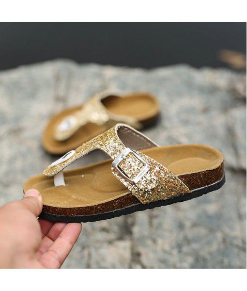 2020 new type cork slippers women's summer flat sole clip foot children's shoes flat with Europe and America boken couple drag toe