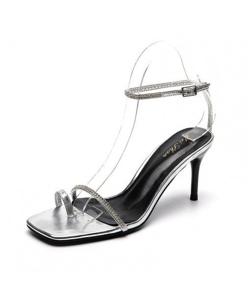 Spot sandals girl 2020 summer new European and American square head Rhinestone high-heeled shoes thin heel button belt Fairy