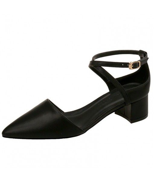 Spot small CK black all-around thick heel leather sandals French INS with retro pointy trip belt Roman women's shoes