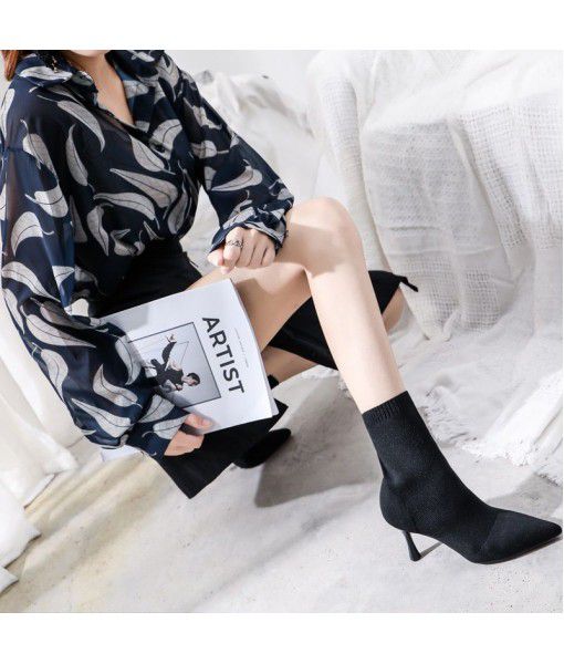 Autumn and winter 2019 women's boots, stretch socks, high heels, high heels, knitted thin boots, thin heels, medium length short boots, pointed toes, bare boots