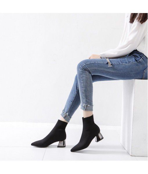 Short boots women's thick heel, middle heel, pointed toe and ankle boots autumn and winter 2019 single boots new black wool knitted elastic socks