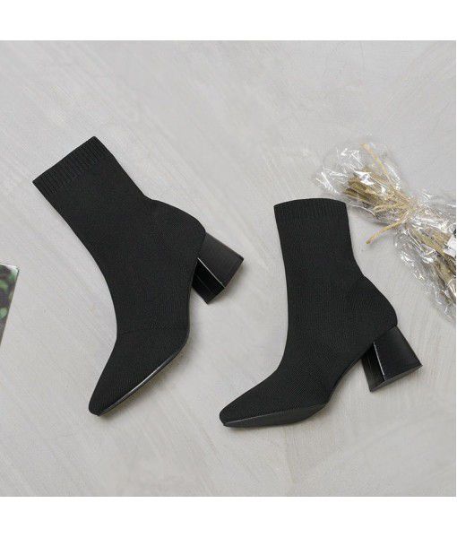 Socks and boots women's thick heel knitting boots short boots 2019 new autumn and winter single boots all kinds of small and medium heel net red elastic thin boots