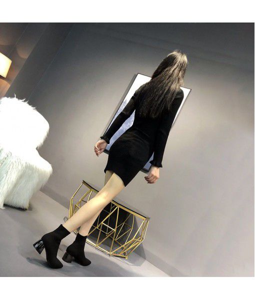 Short boots women's thick heel, middle heel, pointed toe and ankle boots autumn and winter 2019 single boots new black wool knitted elastic socks