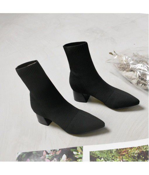 Socks and boots women's thick heel knitting boots short boots 2019 new autumn and winter single boots all kinds of small and medium heel net red elastic thin boots