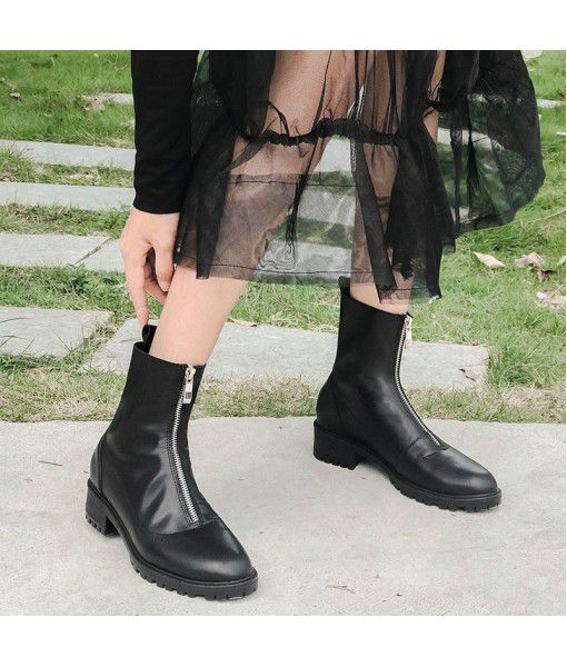 Best in autumn and winter 2019 leather and black Martin boots thick heel short boots thick bottom round head front zipper women's Boots
