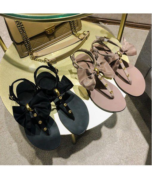 Autumn and winter 2020 new bowknot women's clip toe trend flat bottomed mixed sandals women's presale