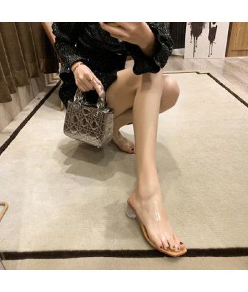 Spot 2020 spring, summer and autumn crystal thick heel high-heeled shoes all in one word with transparent sandals women's ins cool sandals
