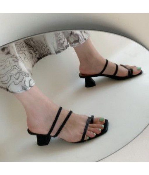 Women's shoes: leather, middle heel, thick heel, toe, half slipper, summer one with two Roman sandals, fairy style