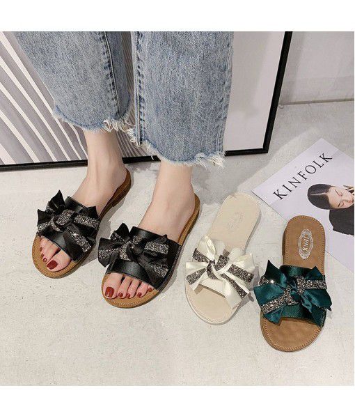 Leather sandals for women wear a word thong 2020 summer new Rhinestone Butterfly Net red women's shoes a hair substitute