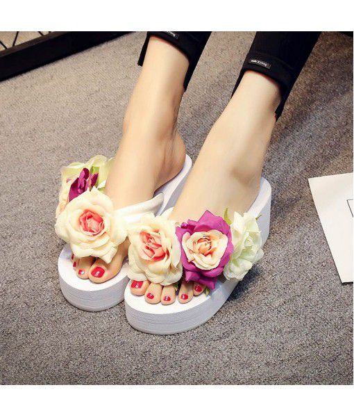 Summer Korean flower lady sandals, muffins and herringbone women's shoes, wear-resistant and antiskid sandals for beach holiday
