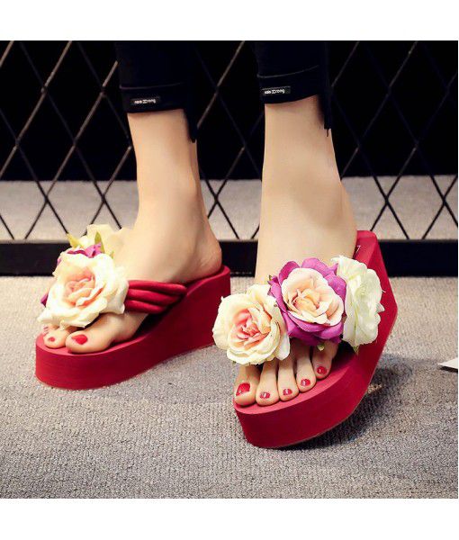 Summer Korean flower lady sandals, muffins and herringbone women's shoes, wear-resistant and antiskid sandals for beach holiday
