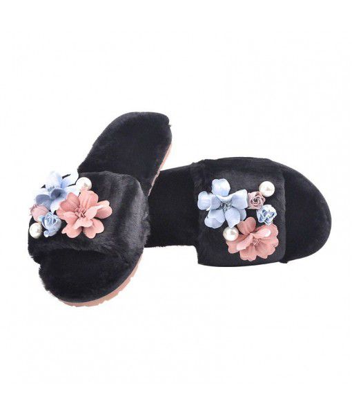 Factory direct sales plush slippers women's autumn and winter new fabric flowers Korean Plush home antiskid wear slippers women
