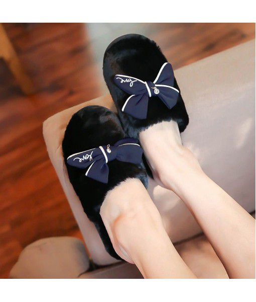 Korean version of new bow tie cotton slippers Baotou high-end temperament wind home woolen shoes women's autumn and winter woolen slippers wholesale