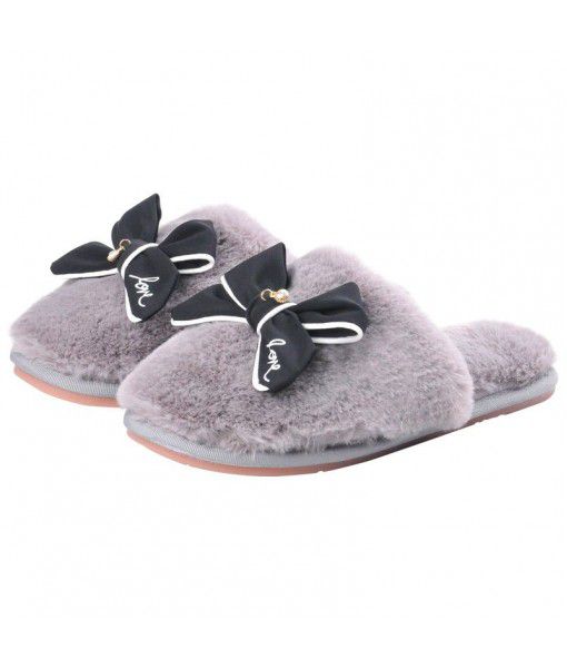Korean version of new bow tie cotton slippers Baotou high-end temperament wind home woolen shoes women's autumn and winter woolen slippers wholesale