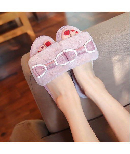 Korean handmade bow cotton shoes, fur one body warm overshoes, antiskid and wear-resistant cow tendon bottom plush cotton shoes