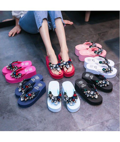 Beach Holiday wear sandals, water diamonds, all kinds of antiskid women's shoes, middle heel slope and casual elastic cloth lady sandals