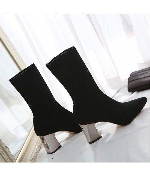 2019 new autumn and winter thick heel socks and boots women's middle tube net red women's boots knitting high heel thin short boots pointed elastic boots