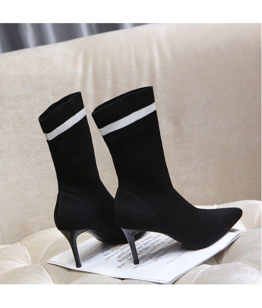 European station women's shoes new 2019 high-heeled shoes autumn and winter rib socks silver edge elastic boots pointed thin heel show thin middle tube