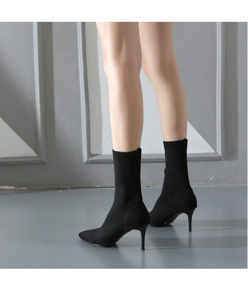 Autumn and winter 2019 women's boots British style Martin boots women's elastic socks boots pointy women's middle tube high heels a hair substitute