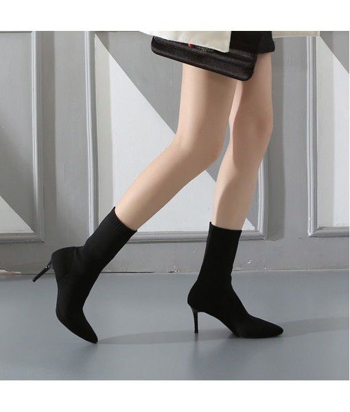 Autumn and winter 2019 women's boots British style Martin boots women's elastic socks boots pointy women's middle tube high heels a hair substitute