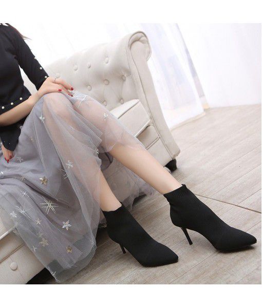 Autumn and winter 2019 short boots women's pointed thin heel short socks elastic boots knitting Martin boots Korean high heels women's Boots