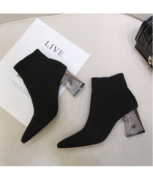 Spot short boots women's new European and American fashion women's boots in autumn and winter 2019 elastic knitted boots high heels Martin boots hair replacement