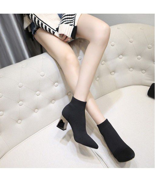 Spot short boots women's new European and American fashion women's boots in autumn and winter 2019 elastic knitted boots high heels Martin boots hair replacement