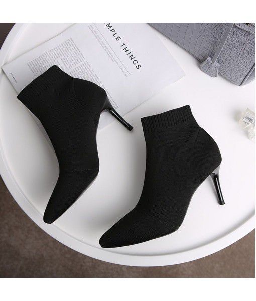 Autumn and winter 2019 short boots women's pointed thin heel short socks elastic boots knitting Martin boots Korean high heels women's Boots