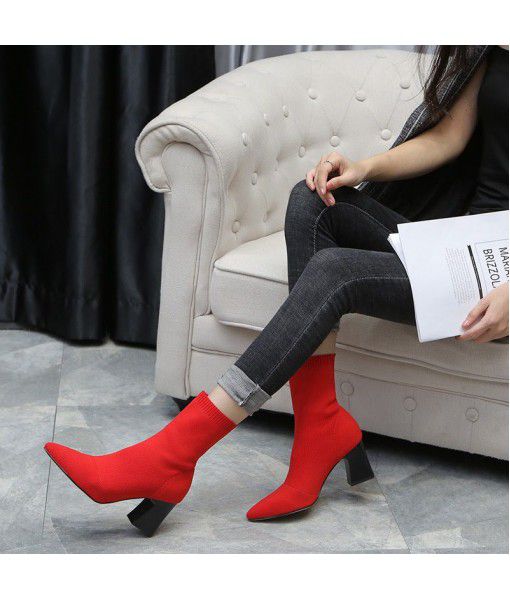 New style popular European and American thick heels fashion pointed socks and boots in autumn and winter 2019 knitted elastic boots women's shoes show thin boots